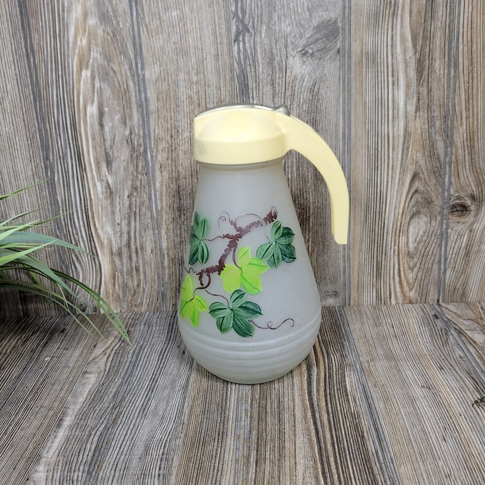 Vintage Hazel Atlas Frosted Glass Batter Jug Pitcher Green Ivy Leaf Vine 1950s